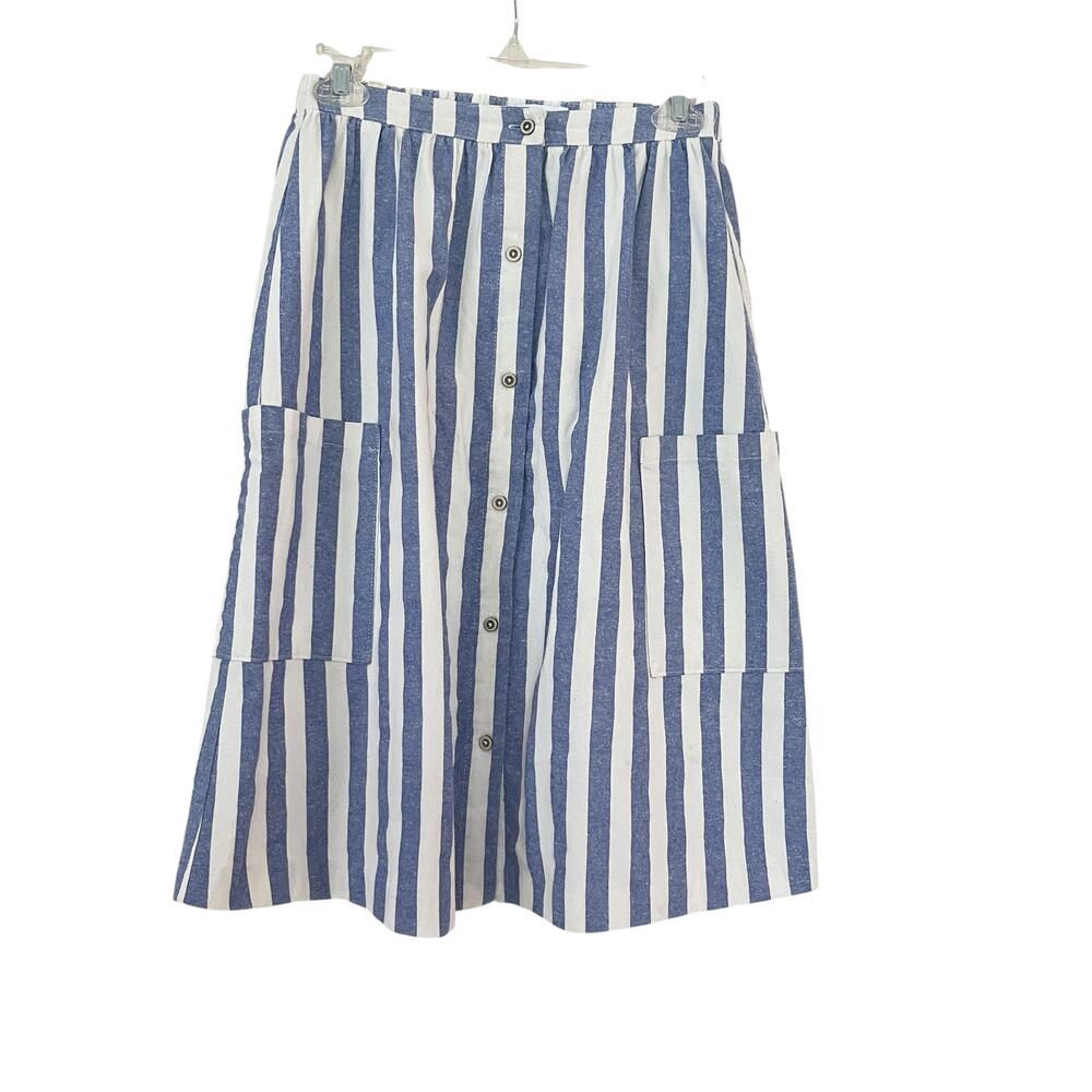 Zara Girls Blue Ecru Striped Button Front Midi Skirt Pockets Size 11-12Y
